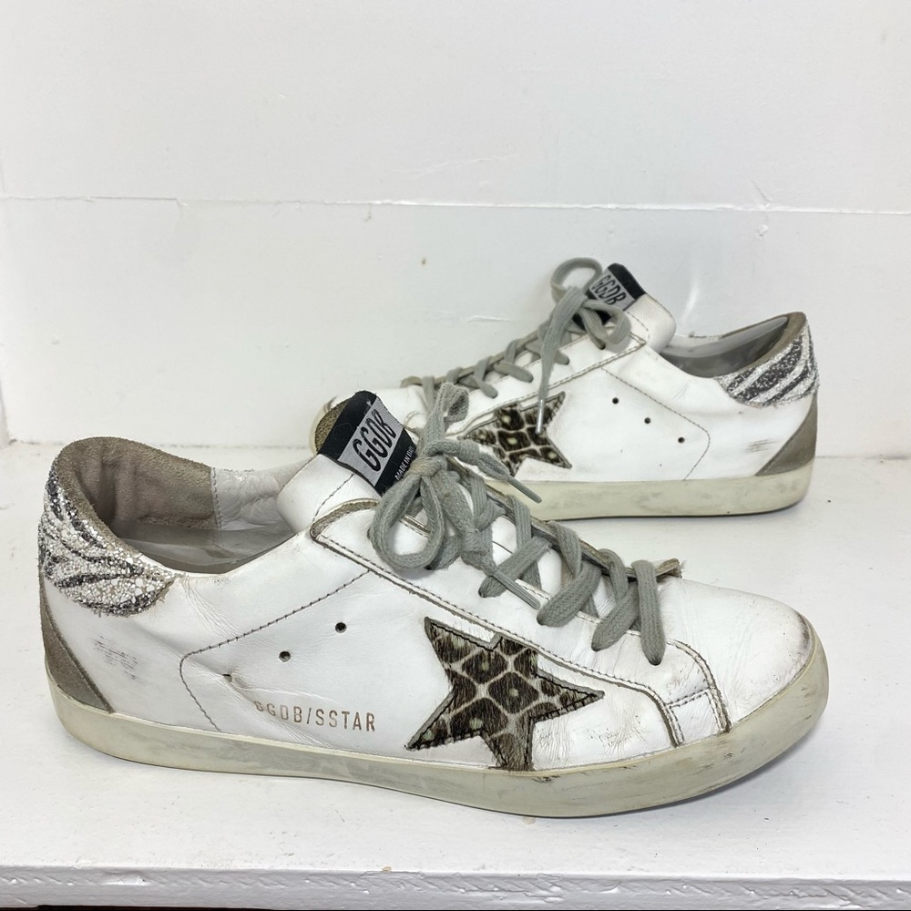 Golden Goose Superstar White Leather Animal Print Leopard Hair Glitter 39 GGDB